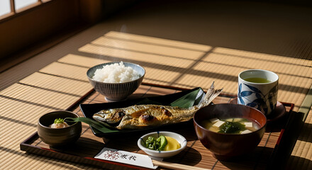 A delicious Japanese breakfast arrangement with grilled fish and fresh side dishes presented