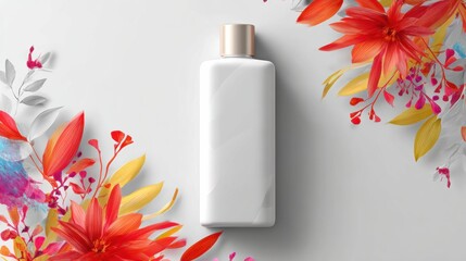 Elegant white cosmetic bottle decorated with vibrant floral elements studio setting beauty product aesthetic design