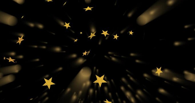 Light beams bursting near center launching gold star shapes outward expanding field showing depth