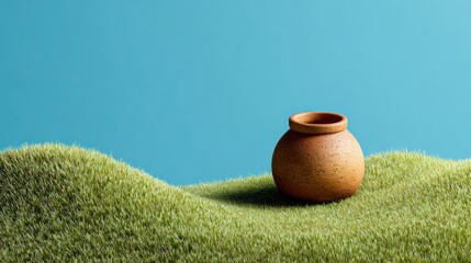 Clay pot displayed on lush green grass nature scene still life photography vibrant blue background