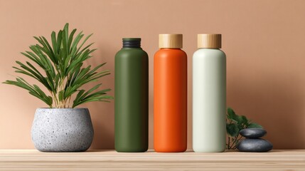 Stylish water bottles on wooden shelf home decor minimalist environment natural light refreshing concept