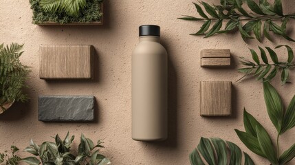 Stylish water bottle display modern home product photography minimalist setting top-down view eco-friendly concept