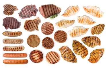 Grilled meat and sausages isolated on white, set