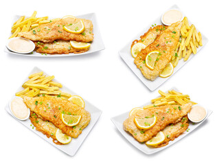 Fish and chips with lemon and sauce isolated on white, collage. Top and side view