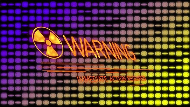 Radiation icon fading starts bars sliding WPX shifting to WARNING subtext pulsing signaling urgency