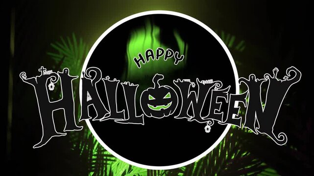 Opening on black, Halloween logo flipping, HAPPY fading, hexagon forming, text shrinking for reveal