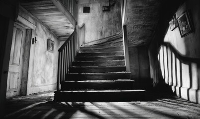 Fototapeta premium Creepy staircase in a haunted house, black and white photography.