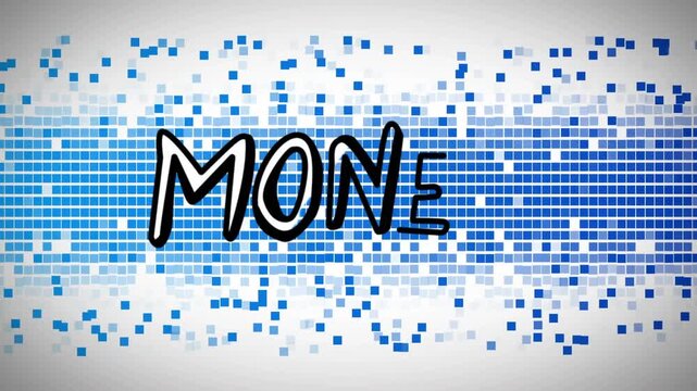 Loading flickering blue squares drifting, black stroke drawing MONEY letters, visualizing finance