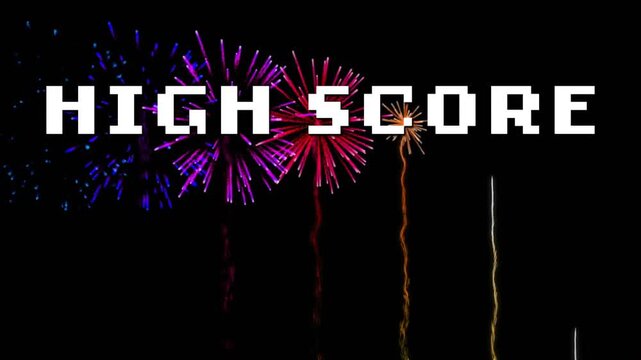 When blocky HIGH SCORE text appearing on black void, fireworks launching and bursting to celebrate