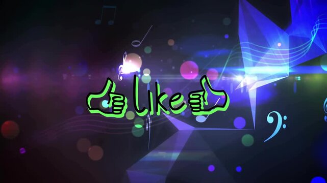 Animation launching pink like graphic cycling hues, rotating shapes, drifting notes, forming loop