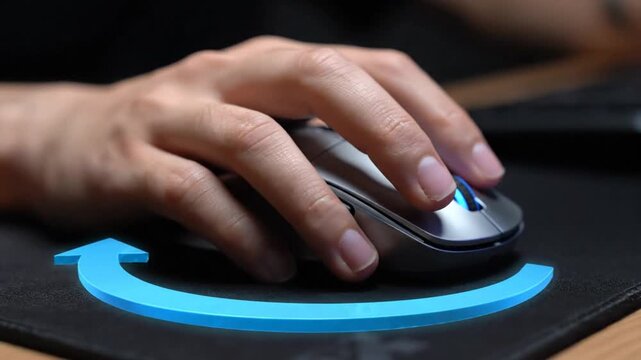 Hand using a computer mouse on a desk with a blue arrow graphic