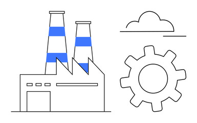 Factory building with striped chimneys, gear wheel, and cloud. Ideal for industry, manufacturing, engineering, innovation, technology energy and production themes. Simple flat metaphor