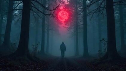 Ominous Shadowy Figure in Foggy Forest, Eerie Night Scene, Suspenseful Horror Atmosphere