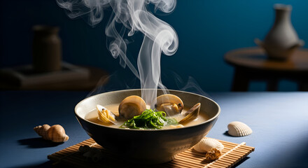 A steaming bowl of delicious clam soup with some seashells and a wooden mat on the table