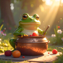 Frog's Culinary Creation: A whimsical depiction of a jovial frog, sitting in a garden, stirring a pot of berries with a wooden spoon, evoking a sense of calm and pleasure.