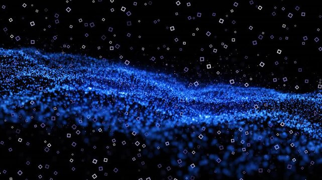 Blue points coalescing forming glowing wave sweeping right amid drifting squares showing flow