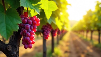 Sunlit Autumn Vineyard Ripe Red Grapes Hanging Heavy on the Vine, Ready for Harvest. A picturesque landscape scene showcasing the vibrant colors of fall.