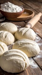 Fototapeta premium Close-up of artisan breadmaking. Soft dough rests on wood, alongside flour, and a rolling pin, ready for shaping. Natural light