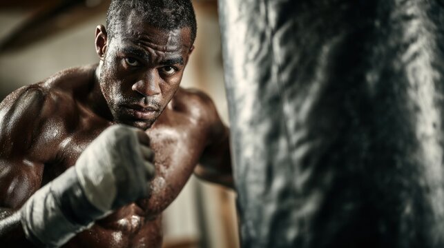 Focused Boxer Training with Punching Bag in Intense Workout.