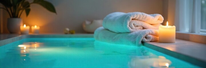 Tranquil Spa Scene Soothing Blue Water, Fluffy Towels, and Aromatic Candles for Relaxation and Peaceful Escape