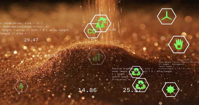Granules pouring from above, icons appearing and metrics updating showing sustainability - Powered by Adobe