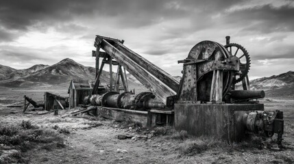 Rusted vintage machinery sits in a barren landscape under a cloudy sky, aged and decaying