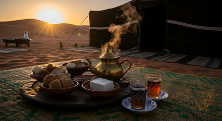 A traditional desert tea setting with food and tent under the sunset in the Sahara