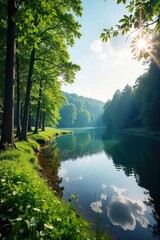 Tranquil Estonian Lake Sunlight Dapples Lush Green Forest, Reflecting Serene Sky - Perfect Summer Travel Scene