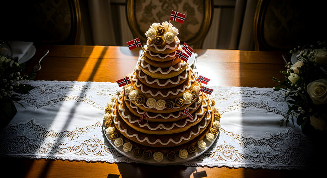 A traditional Norwegian Kransekake cake decorated with Norwegian flags on a table