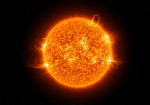 A bright, fiery sun with solar flares and prominences against a dark, empty space background.