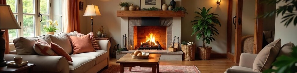 Cozy Living Room with Fireplace, Comfortable Sofa, and Home Decor Perfect for Family, Relaxation, and Warmth