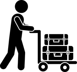 Traveler Pushing Luggage Cart with Suitcases Silhouette Icon