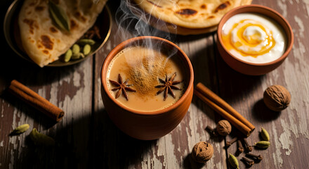 A warm and inviting chai and traditional indian food setup on a rustic wooden table