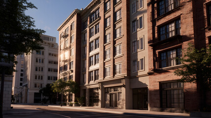 Fototapeta premium Mid-Rise Apartment Building Exterior on Quiet Urban Street