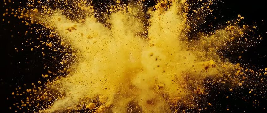A colorful explosion of golden turmeric powder in super slow motion against a dark background. Abstract concept of spice, flavor, and culinary energy.