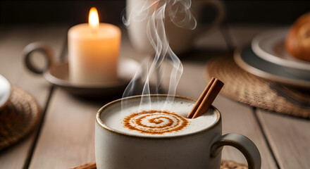 A warm, inviting cup of latte with cinnamon and a candle creates a cozy atmosphere