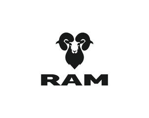 Black ram head silhouette with word R A M below on white background sheep animal