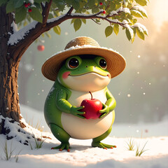 Charming Frog with Apple in Winter: A cheerful frog wears a straw hat and holds a vibrant red apple under a snow-covered tree, amidst a gentle snowfall. A heartwarming scene of whimsical charm.