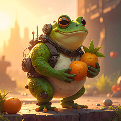 Adventurous Frog and Citrus: A whimsical frog figure, adorned with backpack and gear, clutches fresh citrus fruit. Set against a backdrop of urban life and a warm glow of the sun.