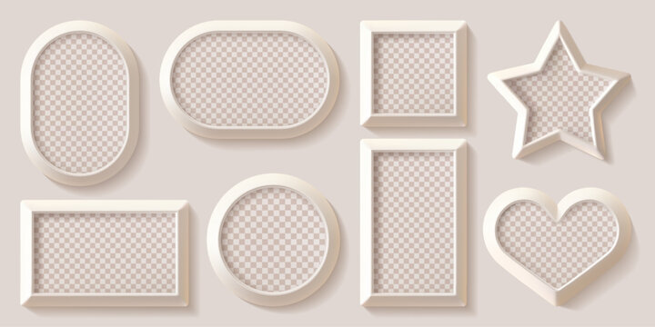 Photo frame set. Light picture on beige wall, vector mock up. 3d isolated wooden modern poster layout template. Round rectangular, square star, heart ovals shapes of realistic shadow gallery decor