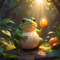 Frog with Orange: A charming, cartoon-like frog cradles a glowing orange in a serene garden setting, basking in the soft, ethereal sunlight that dapples through the leaves.