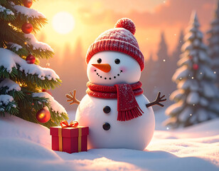 Festive Snowman: A charming snowman, adorned in a cozy scarf and hat, stands beside a decorated christmas tree and a gift box, exuding warmth and joy in a winter wonderland setting.