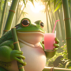 Frog Refreshment Retreat: A jovial frog, basking in the tranquil bamboo forest, savoring a refreshing pink drink. This captivating scene captures the essence of relaxation and tranquility.