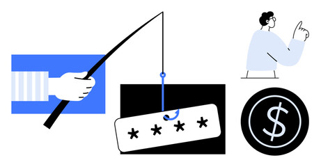 Fishing rod hooks password tag symbolizing online fraud. Person alerts of risk, dollar sign highlights financial theft. Ideal for cybersecurity, fraud awareness, online safety, data protection