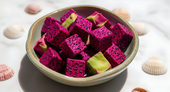 Aesthetic close-up of a bowl of dragon fruit cubes with seashells and a minimalistic background