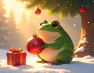Frog Christmas Ornament: Captivating an adorable frog holding a festive Christmas ornament amidst a serene winter wonderland. A perfect blend of joy and holiday spirit.