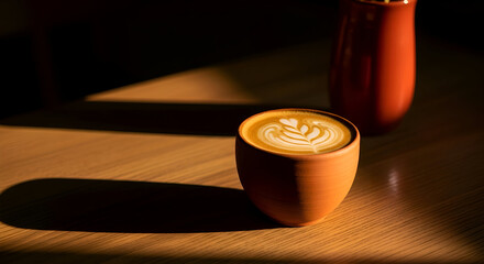 Aesthetic coffee latte with artistic foam pattern and a terracotta pot set in dim lighting