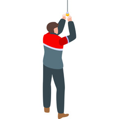 Pixelated Person in Gray and Red Jacket Reaching for Yellow Light Bulb on Transparent Background Minimalist Isometric Illustration