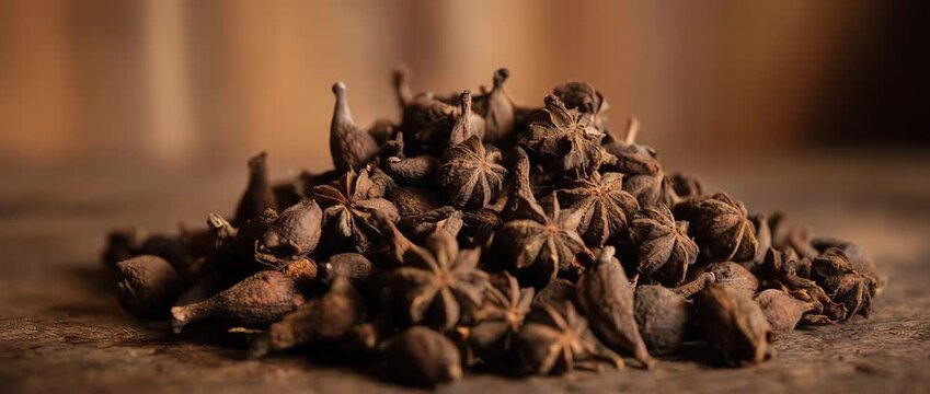 A detailed macro slow motion shot moving over a pile of whole aromatic cloves on a rustic surface. Perfect for seasonal, holiday, and spice market themes.