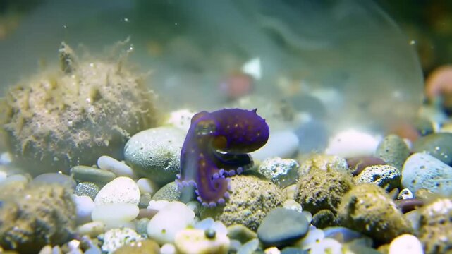 Underwater scene of a colorful octopus on rocks and pebbles